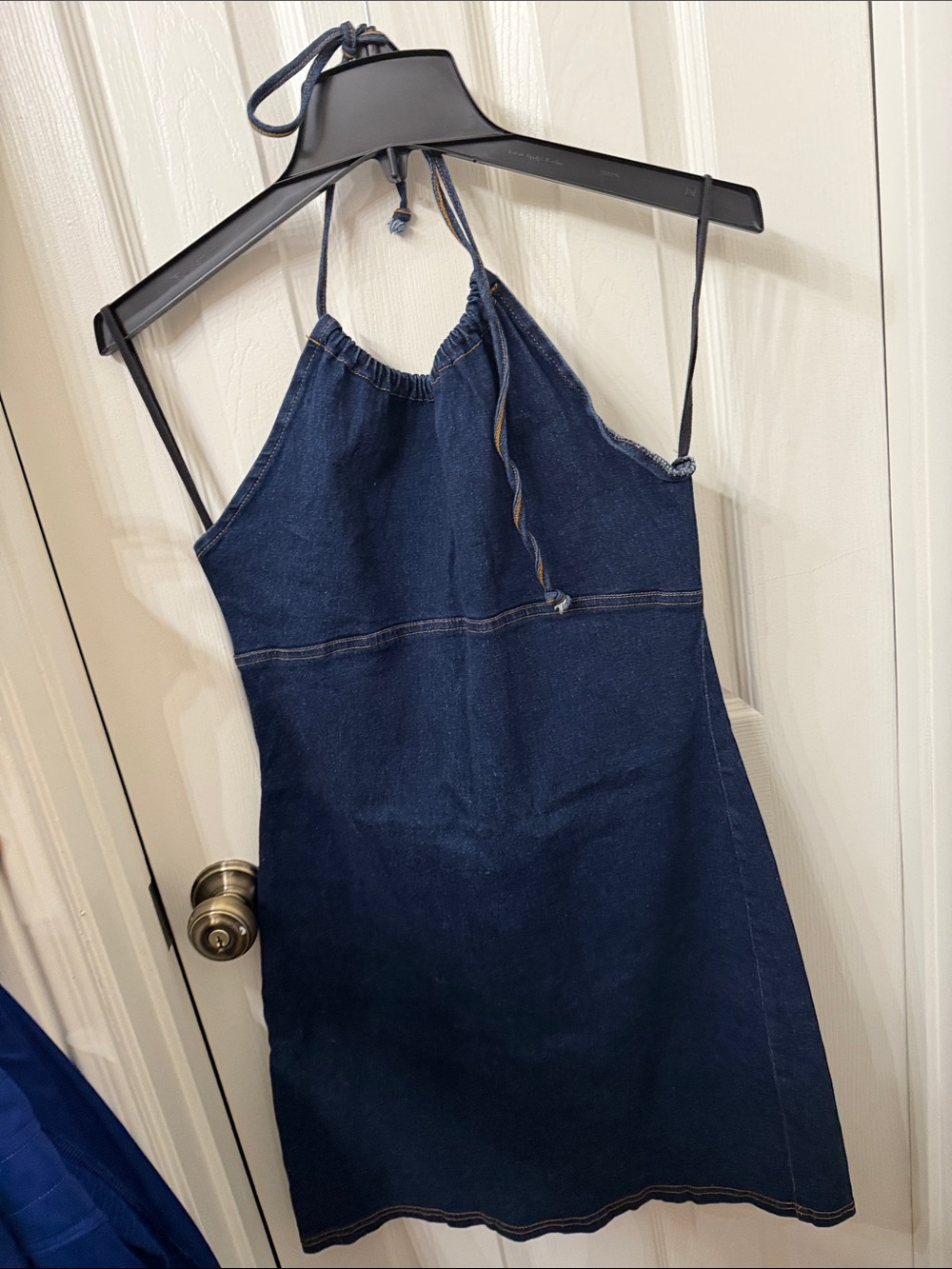 Denim Halter Mini Dress in Dark Blue